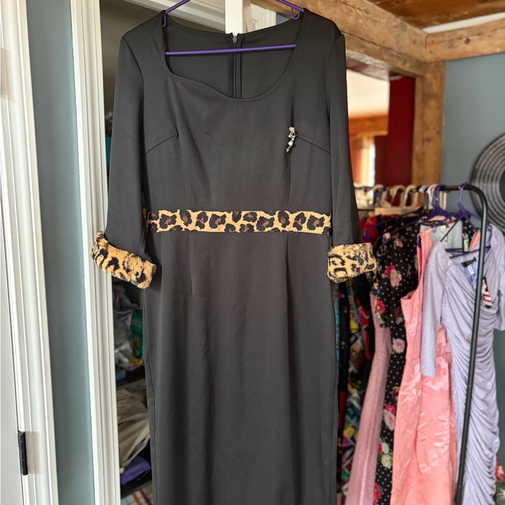 Black Long-Sleeve Sheath Dress with Leopard Trim